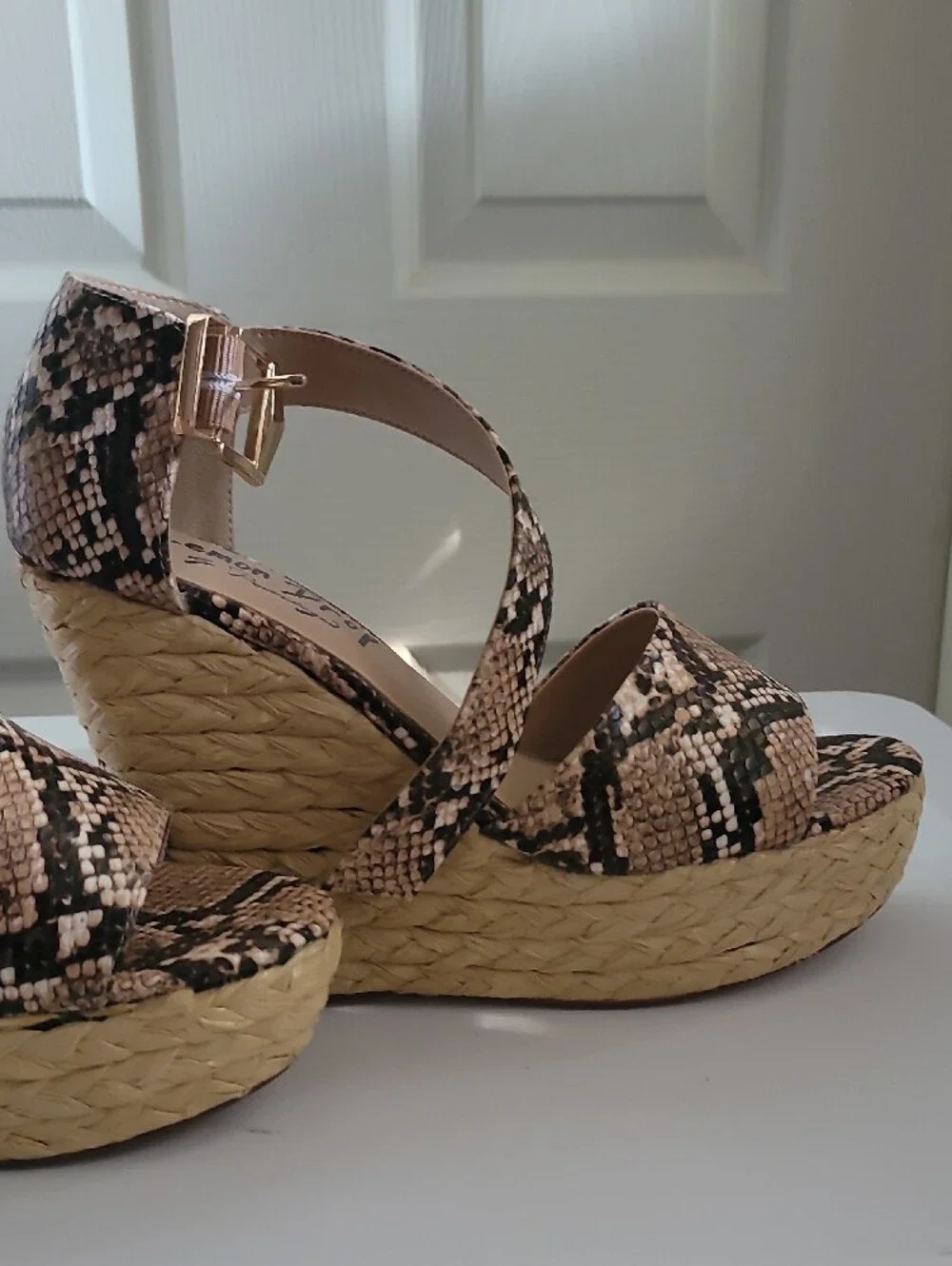 Neutral Snake-Print Platform Wedge Sandals with Gold Buckle Lemon Drop 8.5